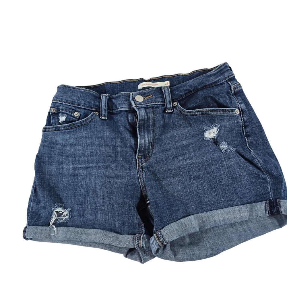 Levis Mid Length Distressed Denim Shorts Dark Wash Cuffed 29965-0044 Womens 28